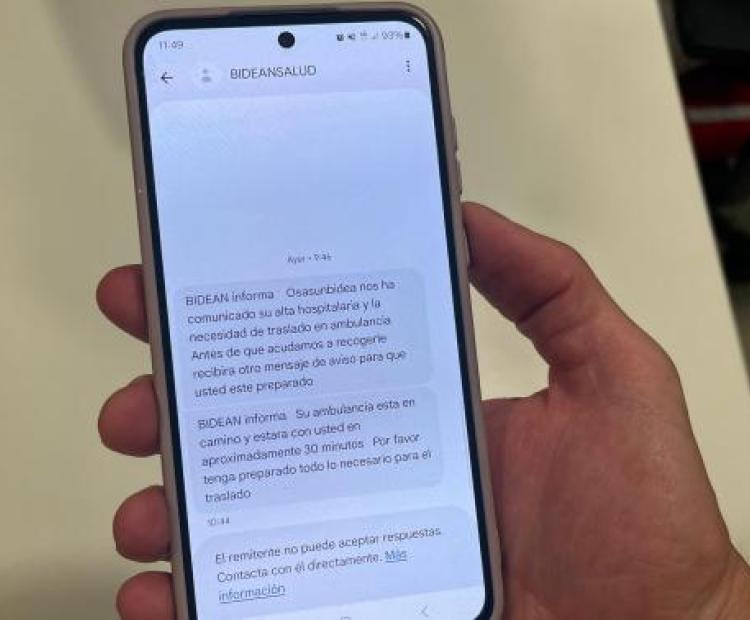 Imagen de los SMS informativos que Bidean enviará a pacientes tras el alta hospitalaria